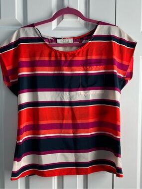 Olive & Oak Bold Multi-Stripe Short Sleeve Blouse in Red, Navy & Pink